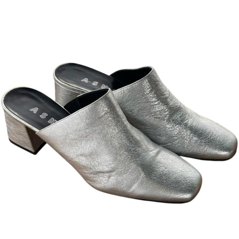 Vintage‎ Y2K ASKA Metallic Silver Leather Block Heel Mules Slides Shoes 8.5 39